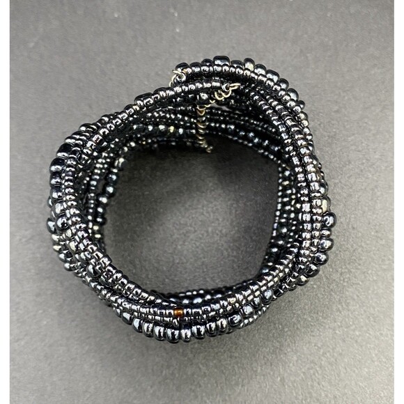 Braided Cuff Bracelet Iridescent Black Bead Memory Wire - Picture 6 of 7